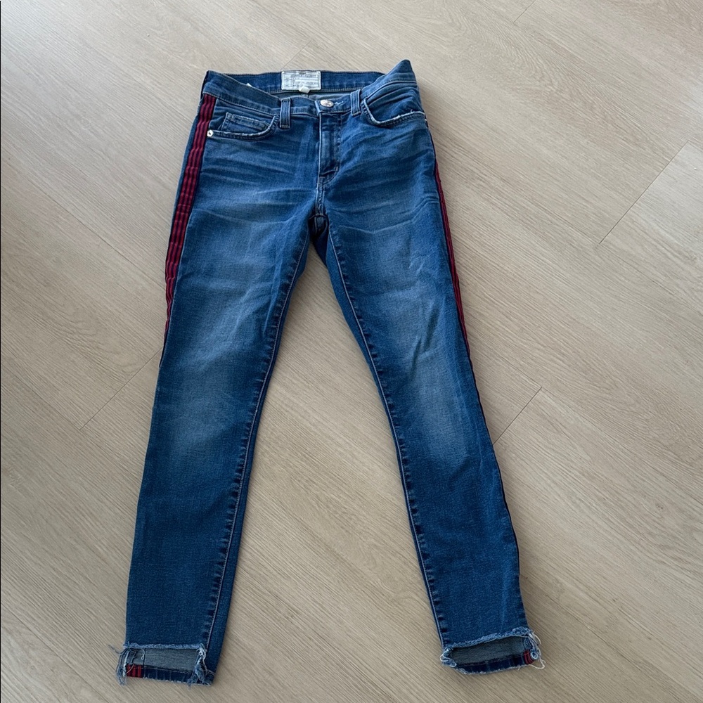 Current/Elliott Blue Jeans with Red Stripe down sides of leg